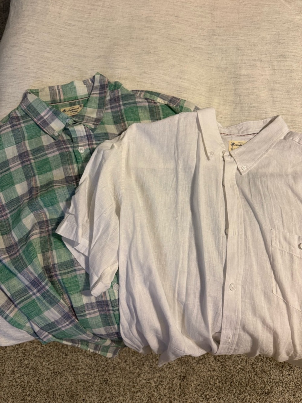 Weatherproof White Button-Down Linen Shirt with Green Plaid Button-Down Shirt